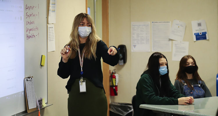 Ridgefield High School teacher Andrea Reinertson led the students through a series of character challenges to learn about character development. Photo courtesy Ridgefield School District